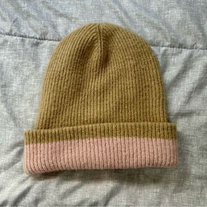 Maeve by Anthropologie Colorblock Knit Ribbed Beanie Hat One Size Tan Pink